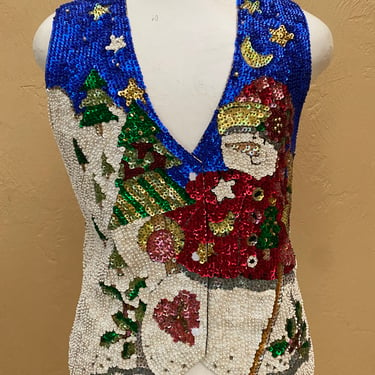 Vintage Sequins Christmas Vest Beaded Santa Claus Holiday Top 