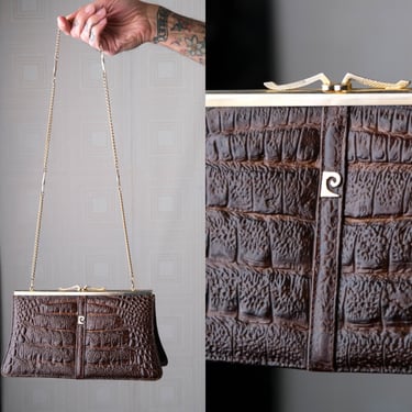 Vintage 1970s Pierre Cardin Structured Brown Embossed Leather Shoulder Bag w/ Gold Clasp & Chain Strap | Gold Logo | 1970s Designer Purse 