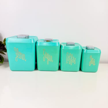 Vintage Lustroware Teal Canister Set of 4with Lids | 1950's Made in USA Canister Set | Retro Vintage Red Floral | MCM Kitchen 