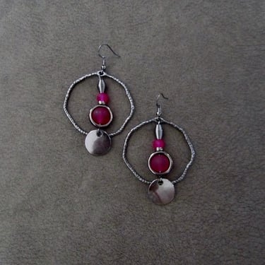 Hammered gunmetal earrings, hoop earrings, frosted glass earrings, industrial earrings, unique statement earrings, hot pink fuchsia earrings 