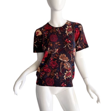 Neiman Marcus Cashmere Floral Sweater / Short Sleeve Autumnal Sweater Top Large 