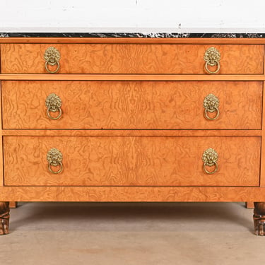 Baker Furniture Neoclassical Burl Wood Marble Top Chest of Drawers