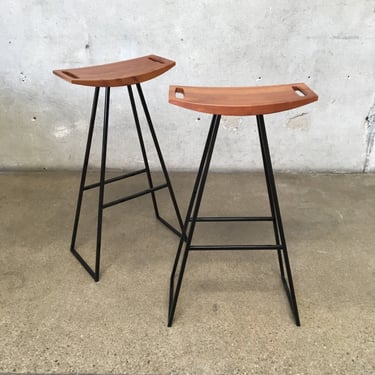 Pair Tronk Design "Roberts" Bar Stools in Black Powder Coated Steel and Walnut