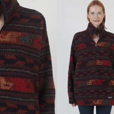 90s Patagonia Deep Pile Fleece Jacket, Vintage Aztec Southwestern Print Coat 