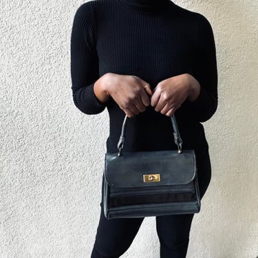 80s Vintage Charcoal Gray Leather Top Handle Bag Gold Hardware 