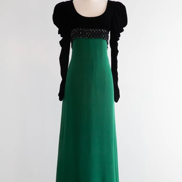 Elegant 1980's Oscar de la Renta Emerald Green & Velvet Regency Evening Gown / Small