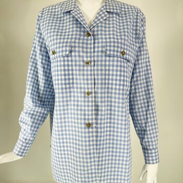 Chanel S/S 1995 Blue & White Cotton Check Long Sleeve Button Front Blouse