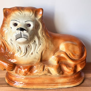 Late 19th Century Victorian Staffordshire Lion. Brown Earthenware Antique Lion Figurine. 