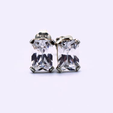 Classic 80's sterling CZ bling studs, 925 silver clear rectangular cubic zirconia earrings 