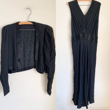 Vintage 1930s Black Beaded Bias Cut Dress with matching Jacket / M (AS IS) 