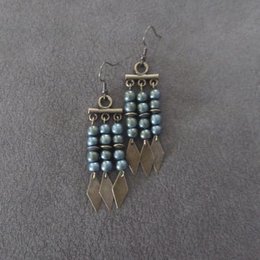 Green hematite and bronze ethnic chandelier earrings 