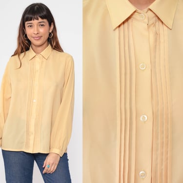 Yellow Pleated Blouse 80s Secretary Top Long Sleeve Collared Shirt Retro Secretary Button Up Chic Vintage 1980s Large L 