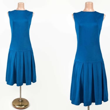 VINTAGE 60s MOD Peacock Blue Drop Waist Dress With Pleated Sweep | 1960s MCM Short Scooter Dress | vfg 