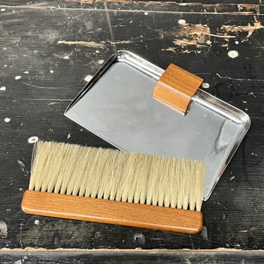 Vintage Teak Brush Table Brush Dust Pan Horse Hair Chrome Mid-Century 