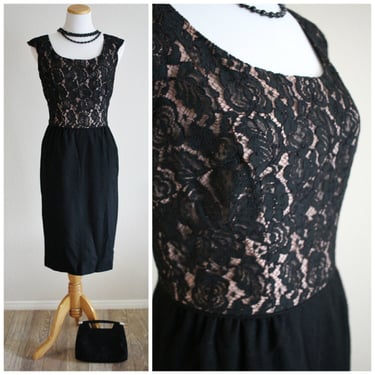 Vintage 50's 60's Black Wool Lace Illusion Wiggle Evening Holiday Dress by Mr. T Holiday Frocks // US 4 6 Small 