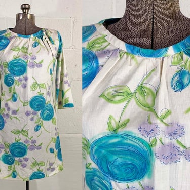 Vintage Watercolor Dress Blue Green White Roses Flower Floral Print Wedding Guest Party 3/4 Sleeves Flowers Betty Draper Medium 1950s 1960s 