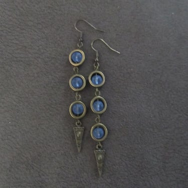 Periwinkle frosted glass earrings, geometric earrings, artisan bronze 