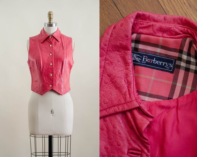 Burberrys red ostrich leather vest | 90s y2k designer vintage short cropped red leather vest 