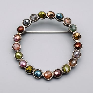 80's Bonnie J metallic beads silver tone circle brooch, simple faceted glass rainbow sparkle pin 