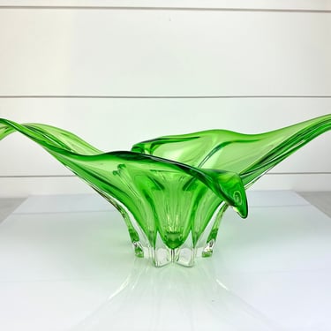Vintage Murano Huge Centerpiece Green Stretch Swung Splash Art Glass Vase Bowl Mid Century 