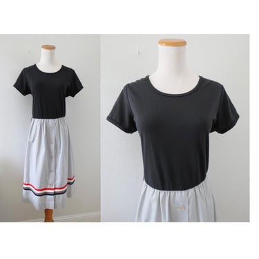 Vintage 80s Casual Dress - Color Block Blouson Sundress - Striped Shirtdress - Size Large 