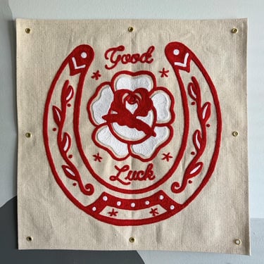 Natural canvas chainstitched Good Luck horseshoe banner - red & white stitching - traditional tattoos - chainstitch embroidery - wall decor 