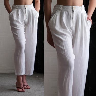 Vintage 80s BABU PARIS White Linen Blend High Waisted Button Tab Summer Capri Pants | Made in France | 1980s French Designer Womens Pants 