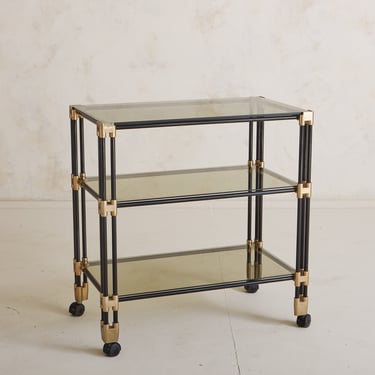 Metal + Brass Bar Cart with Smoked Glass Shelves, France 1970s
