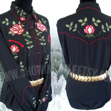 Martini Ranch Vintage Retro Women's Cowgirl Western Shirt, Western Blouse, Embroidered Red &amp; White Roses, Tag Size Large (see meas. photo) 