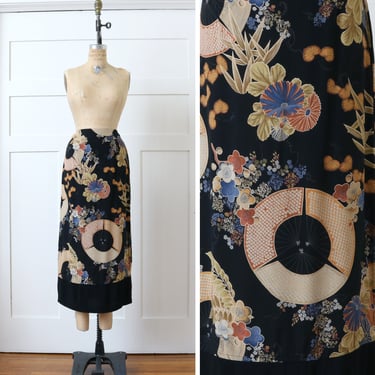 vintage 1990s japanese fan & floral print skirt • full length straight rayon summer skirt 
