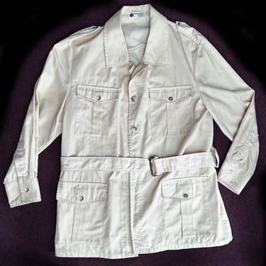 1960's Men's French Cotton Belted Shirt Jacket Vintage Tan Beige, 100000 Chemises France, Mod 1970's Disco Safari style 