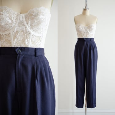 high waisted pants 80s 90s vintage navy blue dark academia pleated trousers 