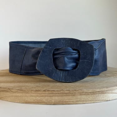 Vintage 90s Western Blue Genuine Leather Patchwork Wide Wrap Belt Size Small 