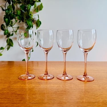 Set of Four Vintage Medium Luminarc Blush Stemmed Wine Glasses, Vintage French Wine Glasses c1970s, Pink Stem Wine Glasses 