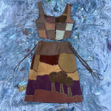 Vintage 1960s 1970s Char Leather Patchwork Dress Corset Lace Up Trees Skirt Rare