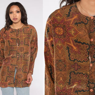 Geometric Print Shirt 90s Button Up Top Retro Brown Yellow Paisley Blouse Boho Artsy Long Sleeve Hippie Summer Top Vintage 1990s Large L 
