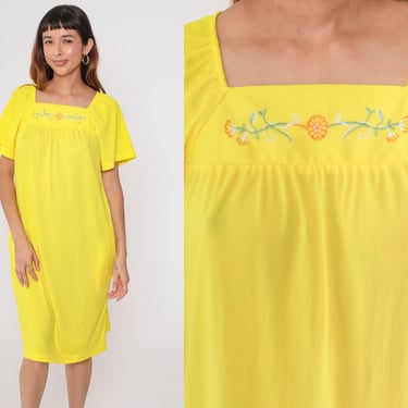 90s Floral Embroidered Dress Bright Yellow Midi Dress Tent Short Sleeve Pockets Retro Shift Loose Beach Day Vintage 1990s Small S 
