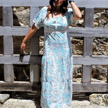 Vintage 60s Maxi Dress, Gerry California, Medium Women, Blue White Peach Batik Print, Full Length 