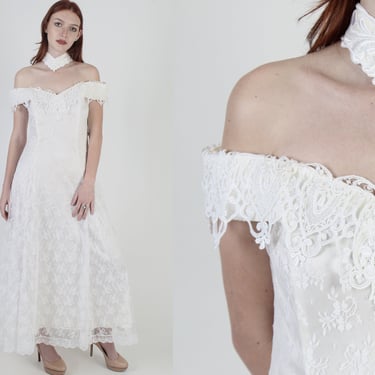 NWT Scott McClintock White Victorian Dress / 1980s Deco Wedding Dress / Vintage 80s Off The Shoulder Bridal Ceremony Dress 