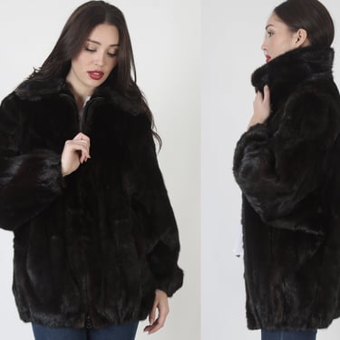 Oversized Mahogany Mink Bomber Jacket / Real Fur Zip Up Puffer Warm Coat / Vintage 80s Unisex Fur Collar Winter Overcoat L 