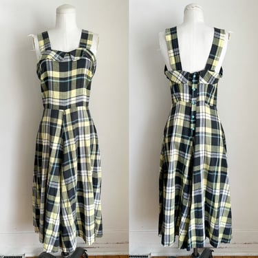 Vintage 1940s Cotton Plaid Pinafore Dress / XS 