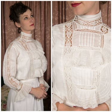 1900s Blouse - Authentic Antique Edwardian Arts and Crafts Cotton Blouse with Open Inset Lace and Frilled Front. 