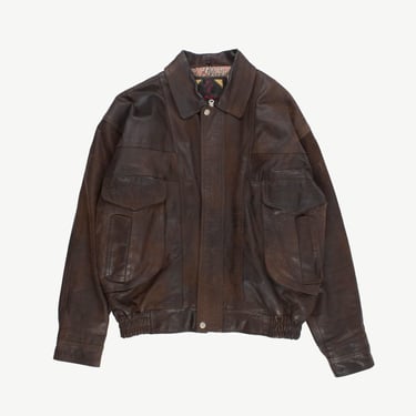 Vintage brown leather bomber jacket, 'Top Gun' map print lining mens leather flying jacket - Large 