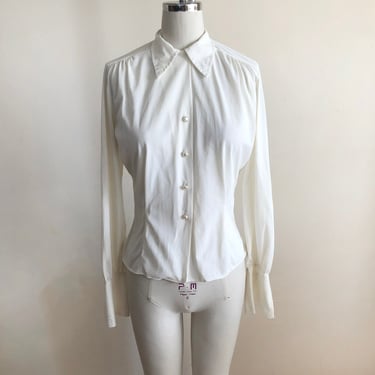 Ivory Nylon Blouse with Pearl Buttons - 1950s 