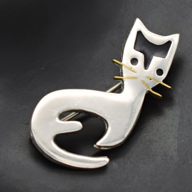 Modernist 80's Taxco 925 silver enamel cat brooch, clever Mexico TA-75 abstract sterling kitty pin 