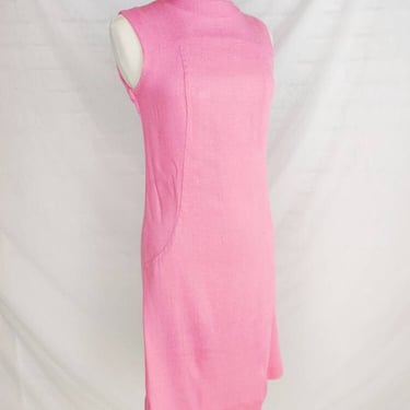 Vintage 60s Pink Linen Blend Pink Sheath Dress // Sleeveless 