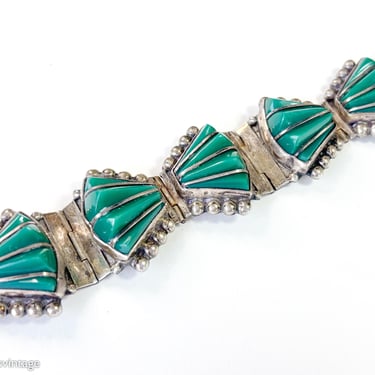 1940s Silver & Green Onyx Link Bracelet | 40s Sterling Silver Green Bracelet | Mexico 