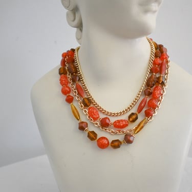 Vintage Orange Plastic Bead and Gold Metal Chain Necklace 