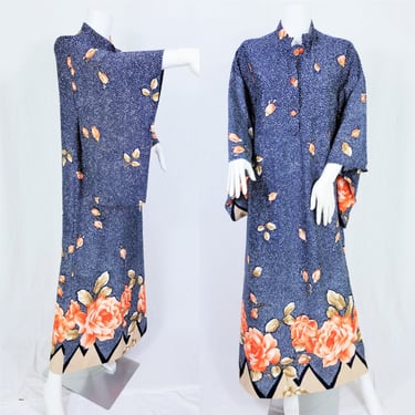 Volup Kimono Sleeve 1970's Blue Polka Dot Border Print Hawaiian Caftan Poly Loungewear Dress I Sz Lrg I Andrade 