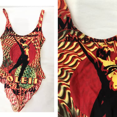 90s Vintage Jean Paul Gaultier Soleil High Cut Swim Suit Small Lady Print Swimsuit One Piece High Cut Red black Vintage Gaultier Soleil 